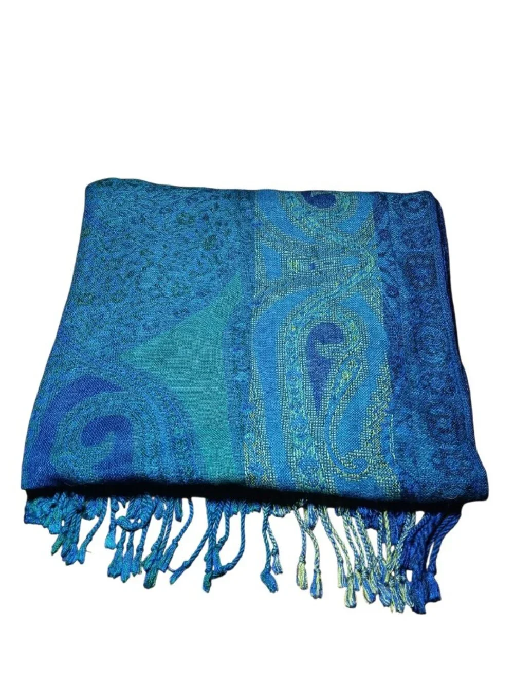 Womens Long Rectangular Fleur De Lis Tasseled Scarf Blue Green Yellow Scarf